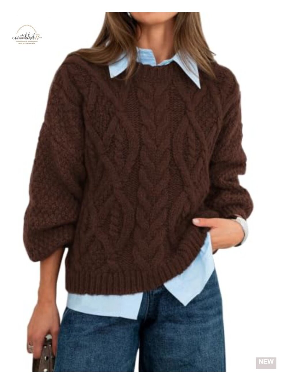 Womens Cable Knit Sweater Pullover Crew Neck Puff Sleeve Fall